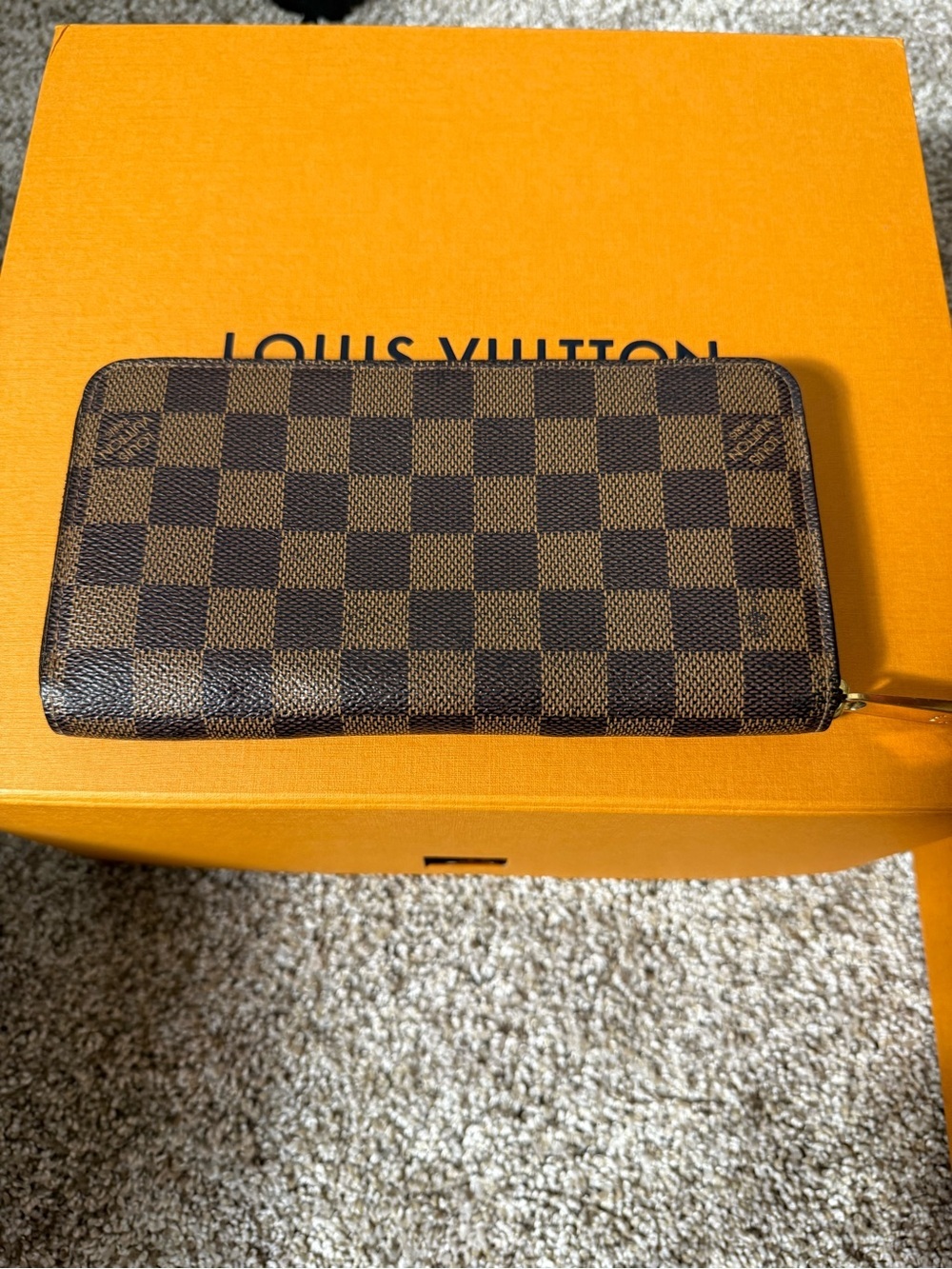 Louis Vuitton Brown Damier Ebene Zip Wallet with Gold Hardware Unisex